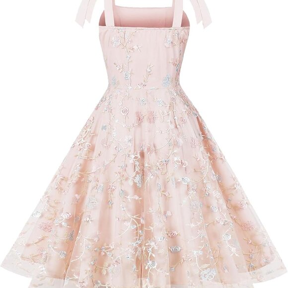 Women Vintage Floral Embroidered Tulle Prom Dress Pink X-Large Elegant Party - Picture 2 of 6